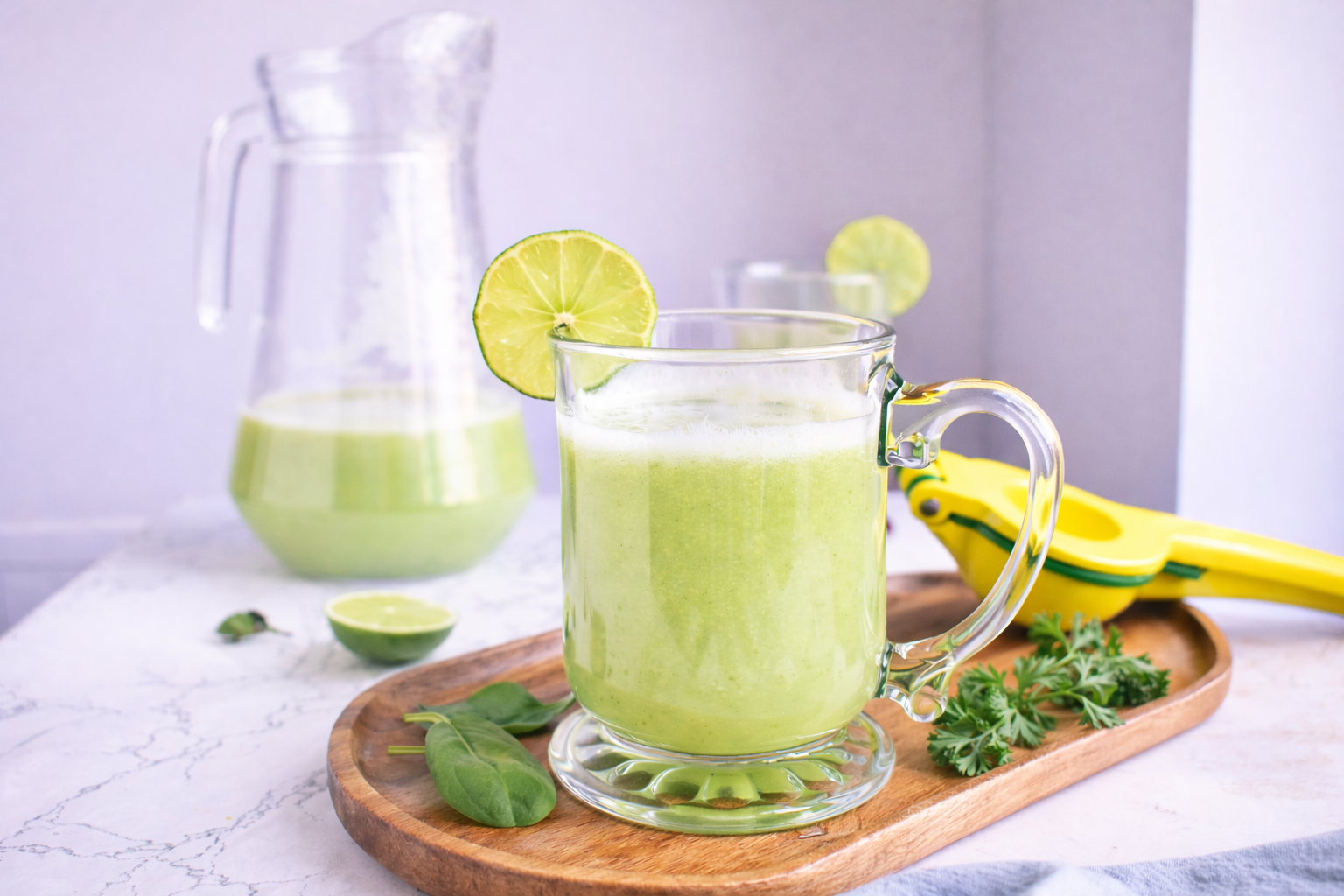 Jugo verde saludable con espinaca, manzana y limón