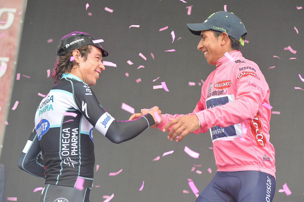 Los colombianos Rigoberto Urán y Nairo Quintana (der.), segundo y primero del Giro de Italia 2014.