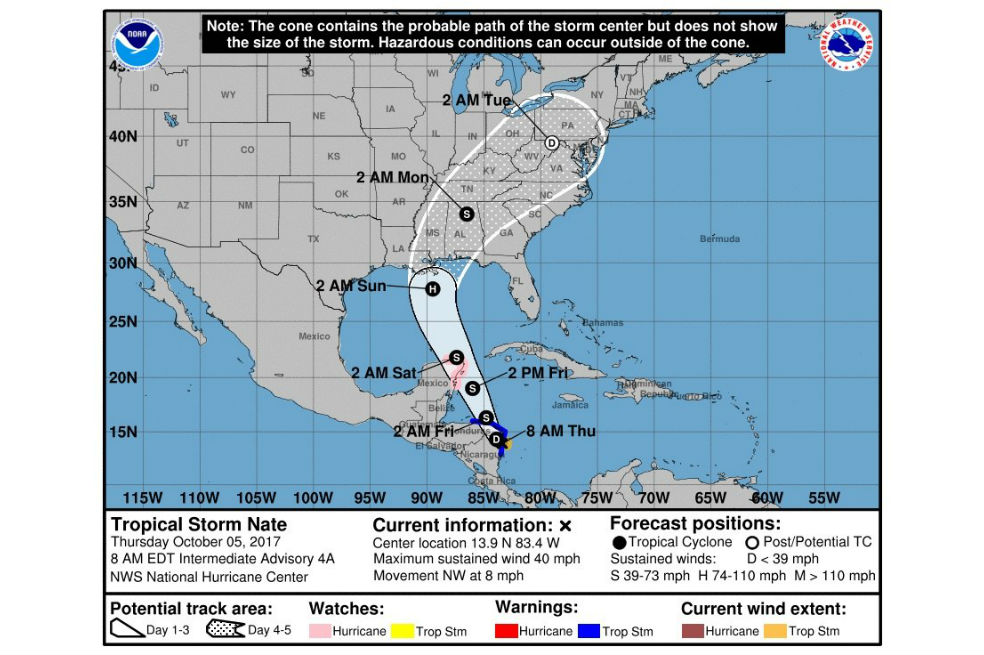 Gráfico cedido que muestra la trayectoria de tres días de la tormenta tropical Nate, que se mueve a 8 millas por hora (13 hm/h) hacia el noroeste. Nate se formó frente a la costa de Nicaragua y deja importantes lluvias en buena parte de Centroamérica, informó el Centro Nacional de Huracanes (NHC), que prevé que el ciclón llegue a EE.UU. como huracán. /EFE