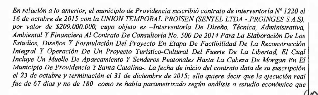 Documento de la Contraloría donde advierten en el desfalco fiscal por haber pagado $209 millones por un contrato que duró apenas dos meses y no seis, como estaba contemplado inicialmente.