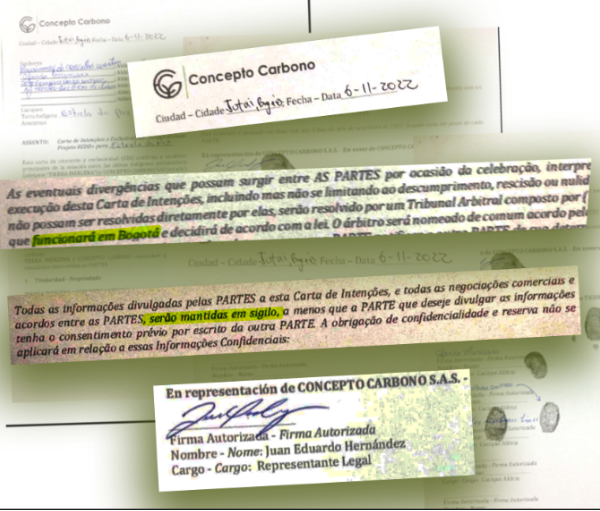 Los términos de los precontratos firmados por los indígenas exigen la confidencialidad sobre el proyecto en tierras federales y establecen un tribunal de arbitraje en Bogotá para resolver los conflictos. Reproducción/Precontrato.