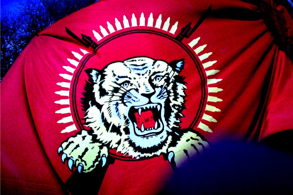 El escudo de los Tigres de la Liberación durante una manifestación. / Andrew Currie