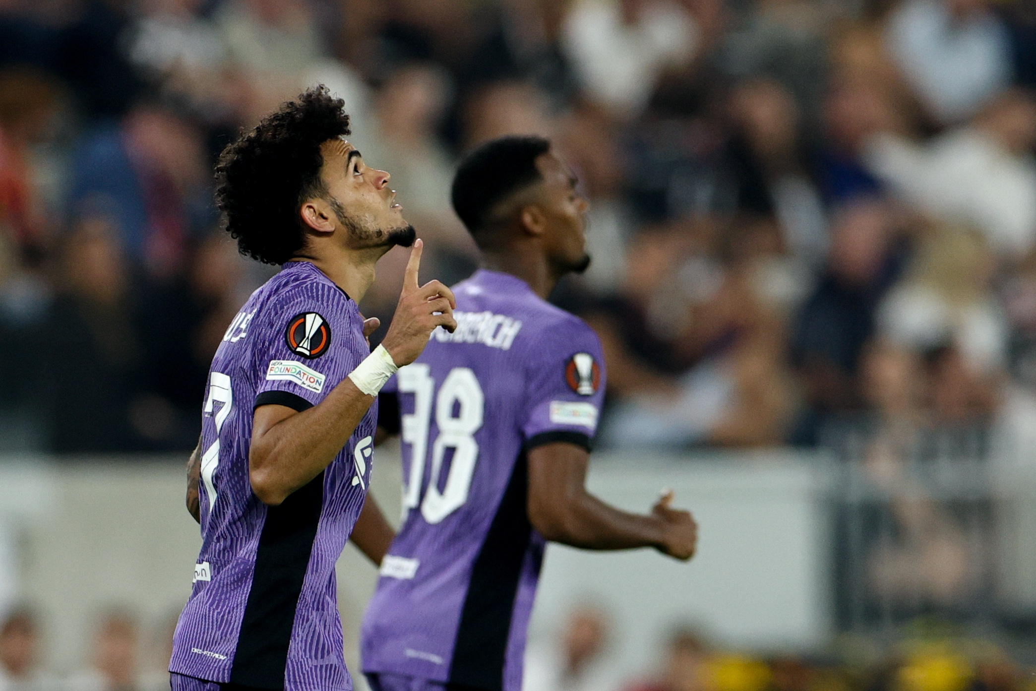 Linz (Austria), 20/09/2023.- Liverpool's Luis Diaz celebrates after scoring the 1-2 goal during the UEFA Europa League Group E soccer match between LASK Linz and Liverpool FC in Linz, Austria, 21 September 2023. EFE/EPA/ANNA SZILAGYI