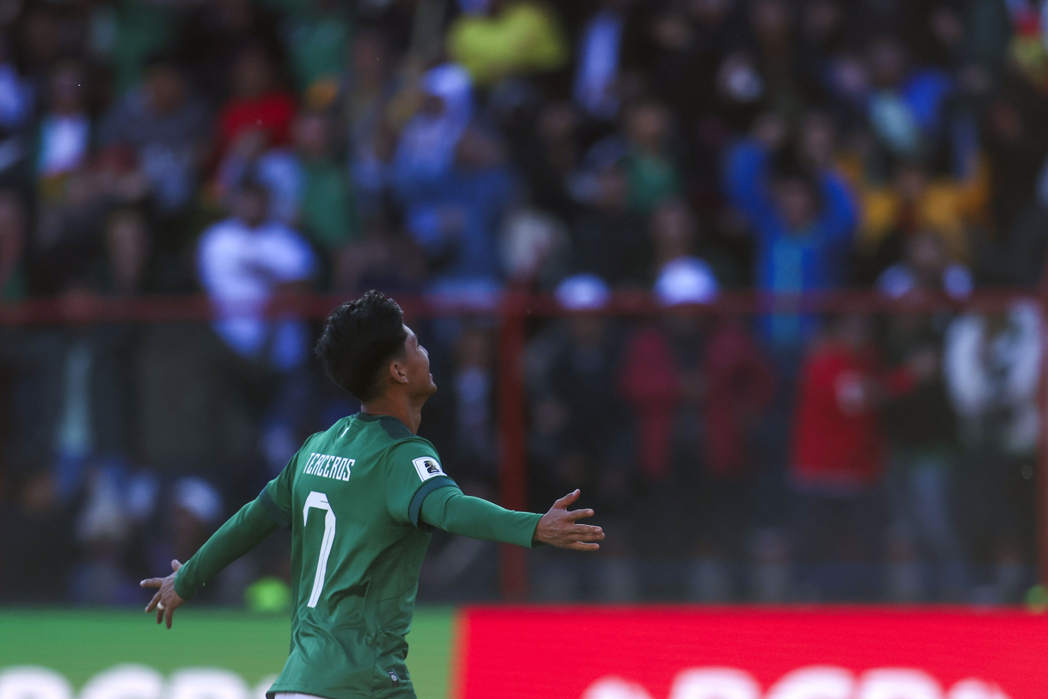 AMDEP8537. EL ALTO (BOLIVIA), 10/10/2024.- Miguel Terceros de Bolivia celebra su gol este jueves, en un partido de las eliminatorias sudamericanas para el Mundial de 2026 entre Bolivia y Colombia en el estadio Municipal en El Alto (Bolivia). EFE/ Luis Gandarillas