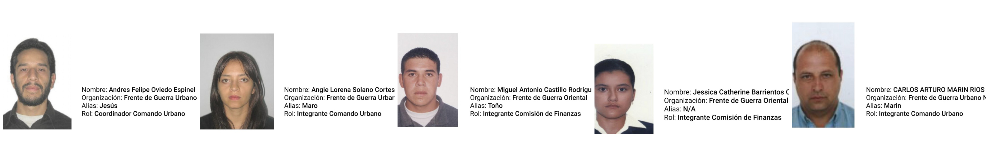 Fotografías y el rol de cinco de los capturados que participaron en la planeación y ejecución de la acción terrorista en la General Santander. Cortesía: Fiscalía General de la Nación.