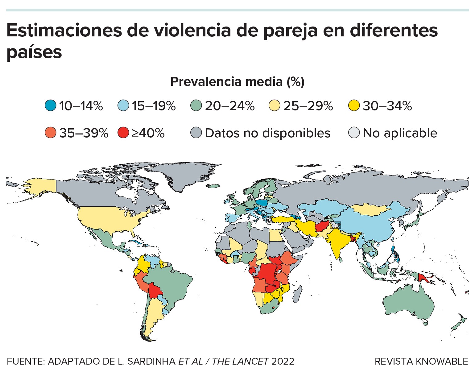 Mapa que muestra las estimaciones de la violencia física y/o sexual por parte de la pareja íntima contra las mujeres (de 15 a 49 años) que han tenido alguna vez una pareja. Las estimaciones son de 2018.
