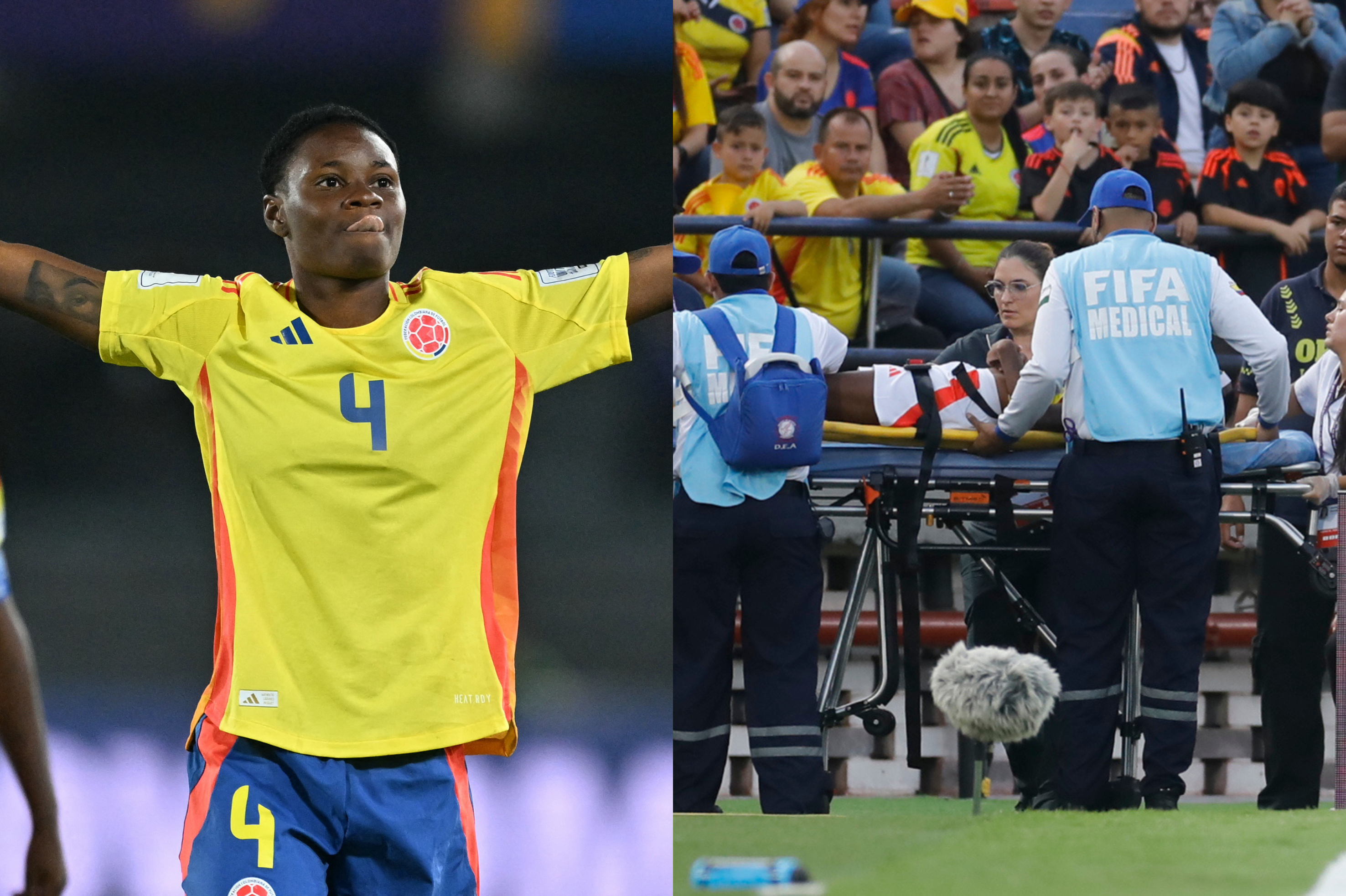 Yunaira López abandona en ambulancia el estadio en Medellín.