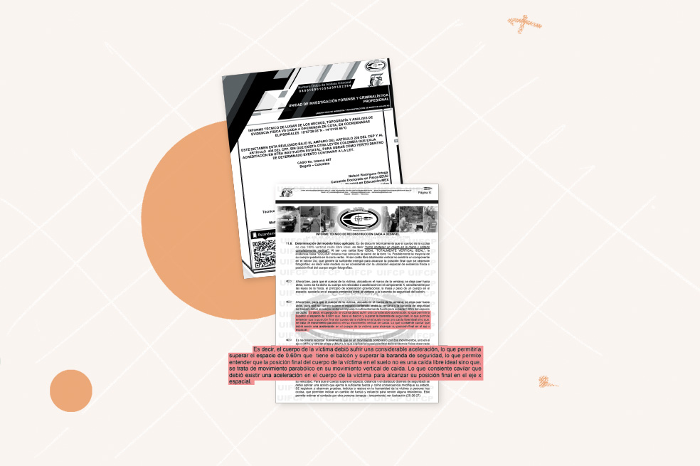 Facsímil del estudio técnico de la caída de María Alejandra Guerrero realizado por un perito experto externo, solicitado por la familia de la víctima. El documento, de 88 páginas, concluye que de acuerdo con la ubicación en la que quedó el cuerpo y las condiciones del lugar, debió sufrir un impulso fuerte. El caso no corresponde a una caída libre.