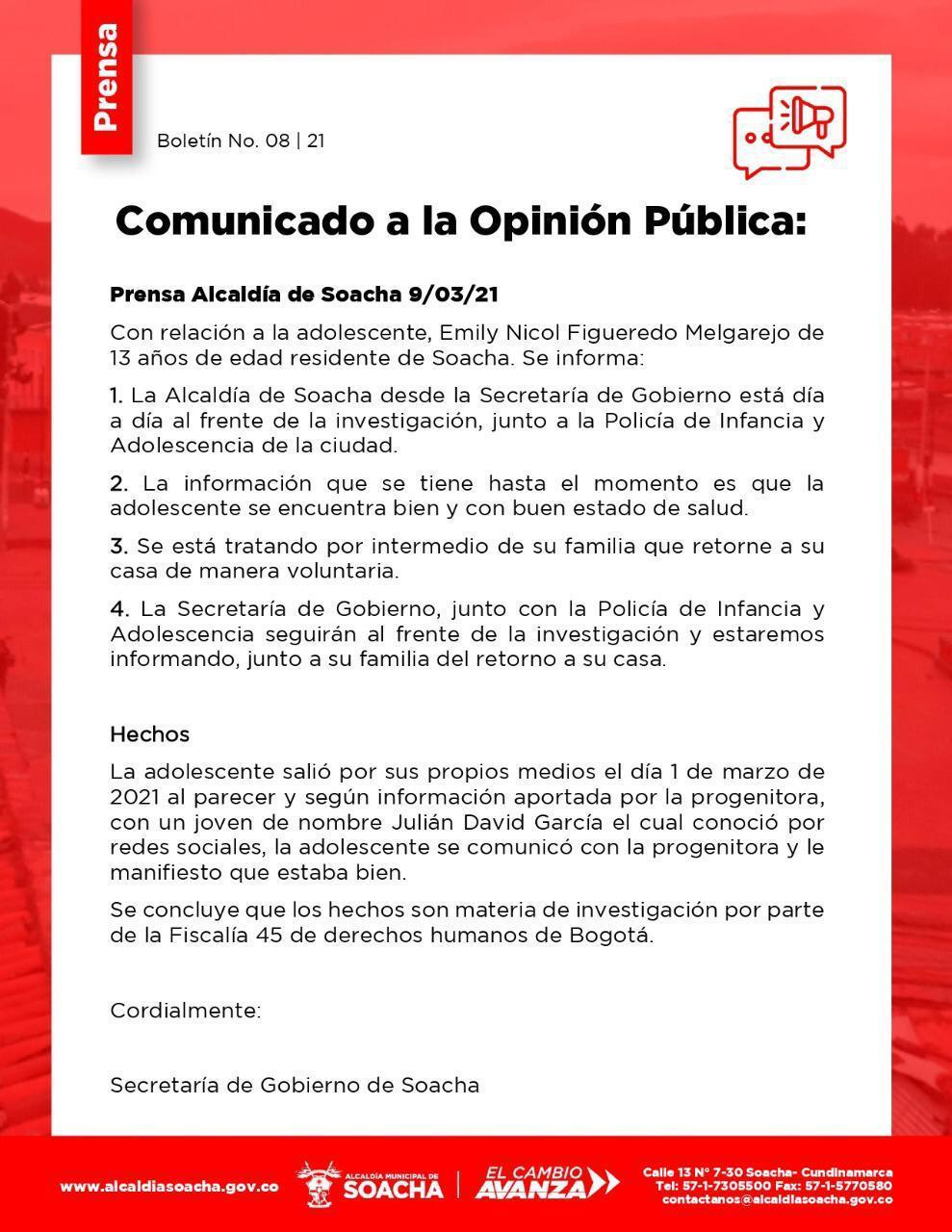 La Secretaría de Gobierno de Soacha emitió este comunicado de prensa el martes 9 de marzo asegurando que la menor había aparecido.