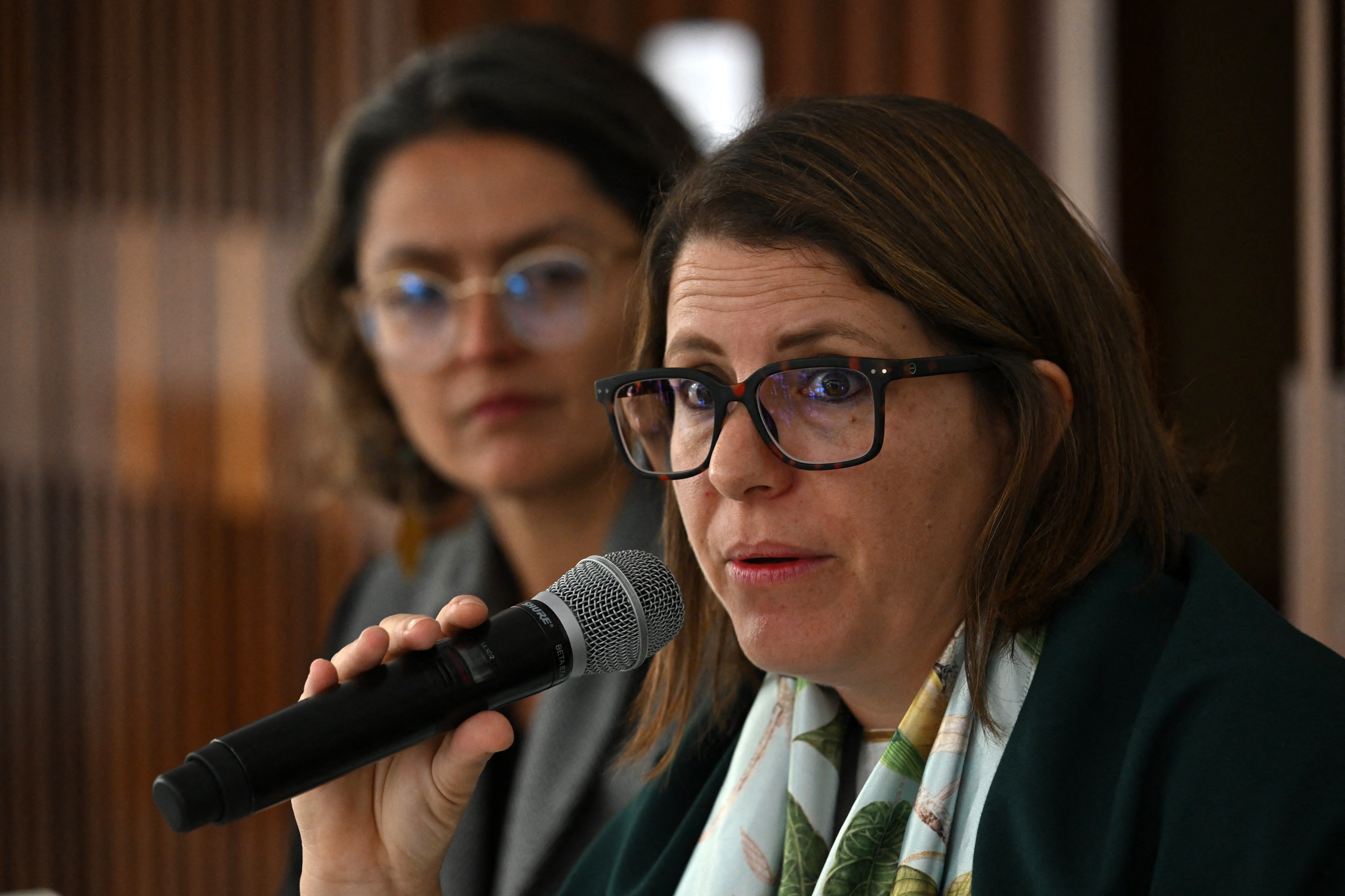 Human Rights Watch Americas Division director Juanita Goebertus speaks during a press conference on the human rights situation in Catatumbo region, at the Colombia-Venezuela border, in Bogota on March 26, 2025.