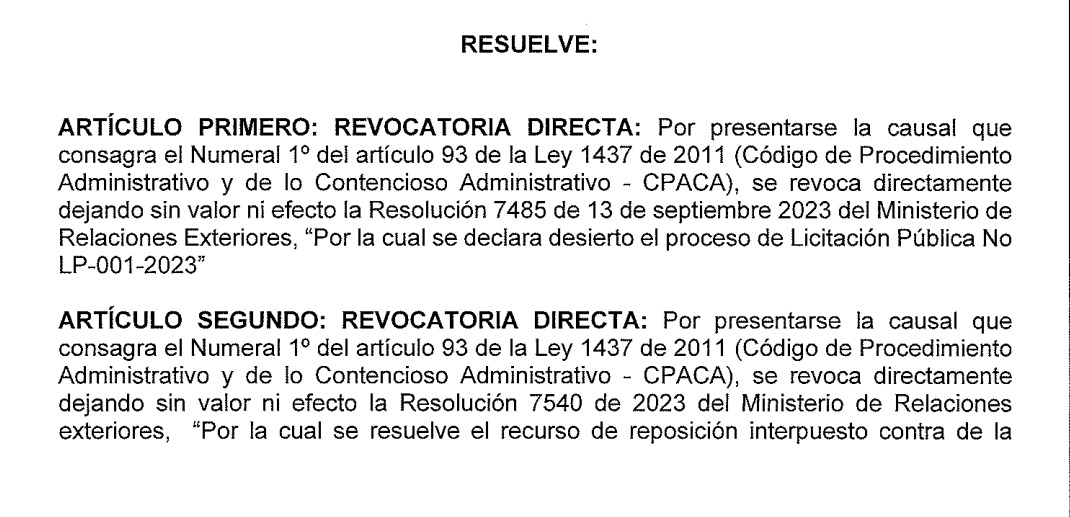 De acuerdo con la resolución 1394 de 2024, se revocó la decisión de Álvaro Leyva de declarar desierta la licitación de pasaportes.
