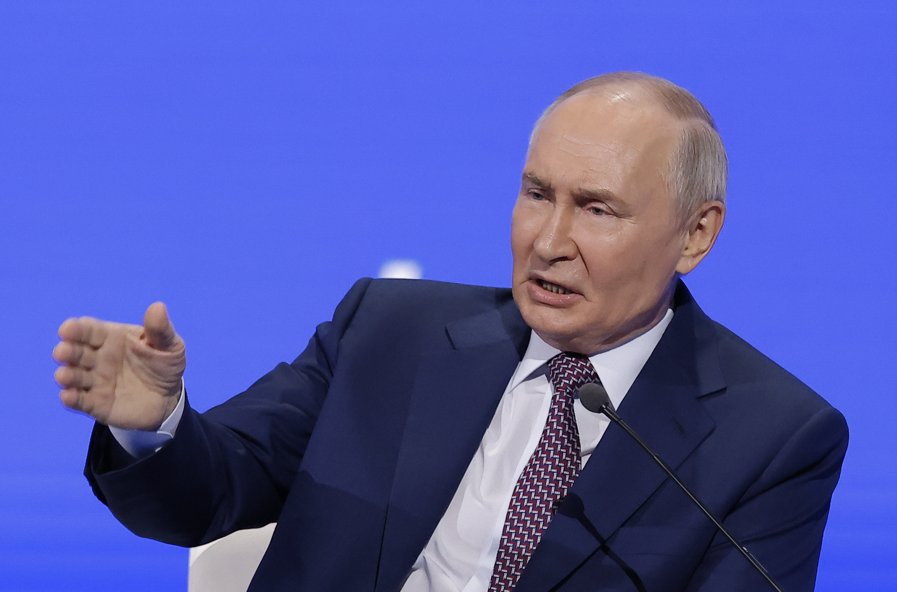 MOSCOW (Russian Federation), 18/03/2025.- Russian President Vladimir Putin speaks during the Congress of the Russian Union of Industrialists and Entrepreneurs in Moscow, Russia, 18 March 2025. (Rusia, Moscú) EFE/EPA/MAXIM SHEMETOV/POOL