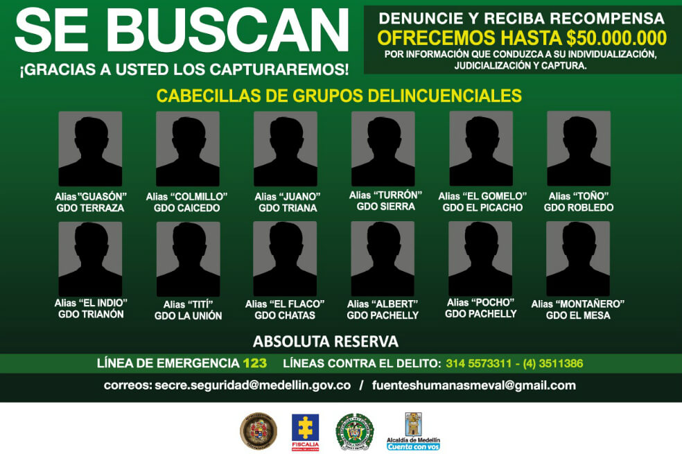 Revelan cartel, sin fotos ni nombres, de los criminales más buscados en Medellín