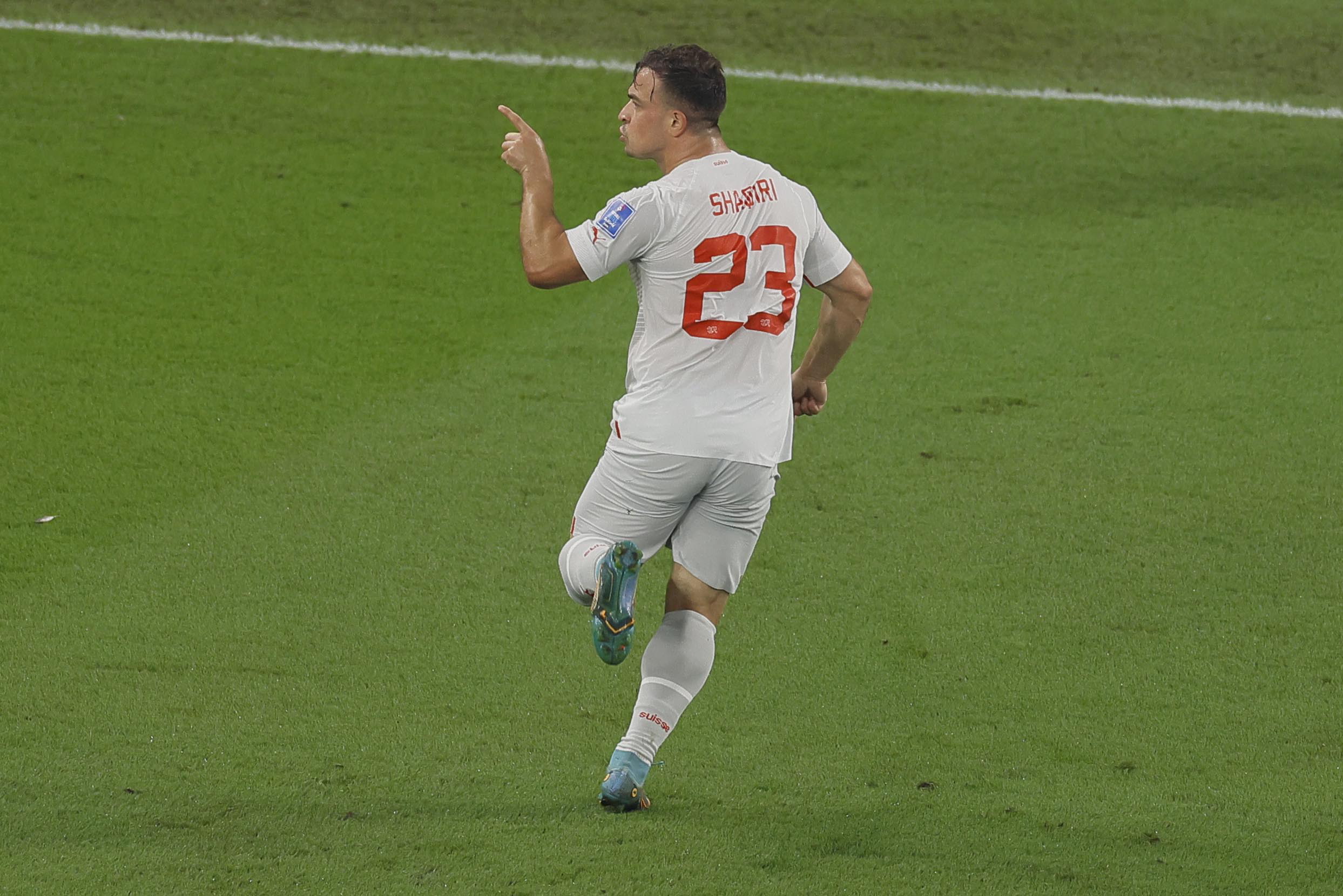 Doha (Qatar), 02/12/2022.- Xherdan Shaqiri of Switzerland celebrates after scoring the 1-0 lead during the FIFA World Cup 2022 group G soccer match between Serbia and Switzerland at Stadium 947 in Doha, Qatar, 02 December 2022. (Mundial de Fútbol, Suiza, Catar) EFE/EPA/Ronald Wittek