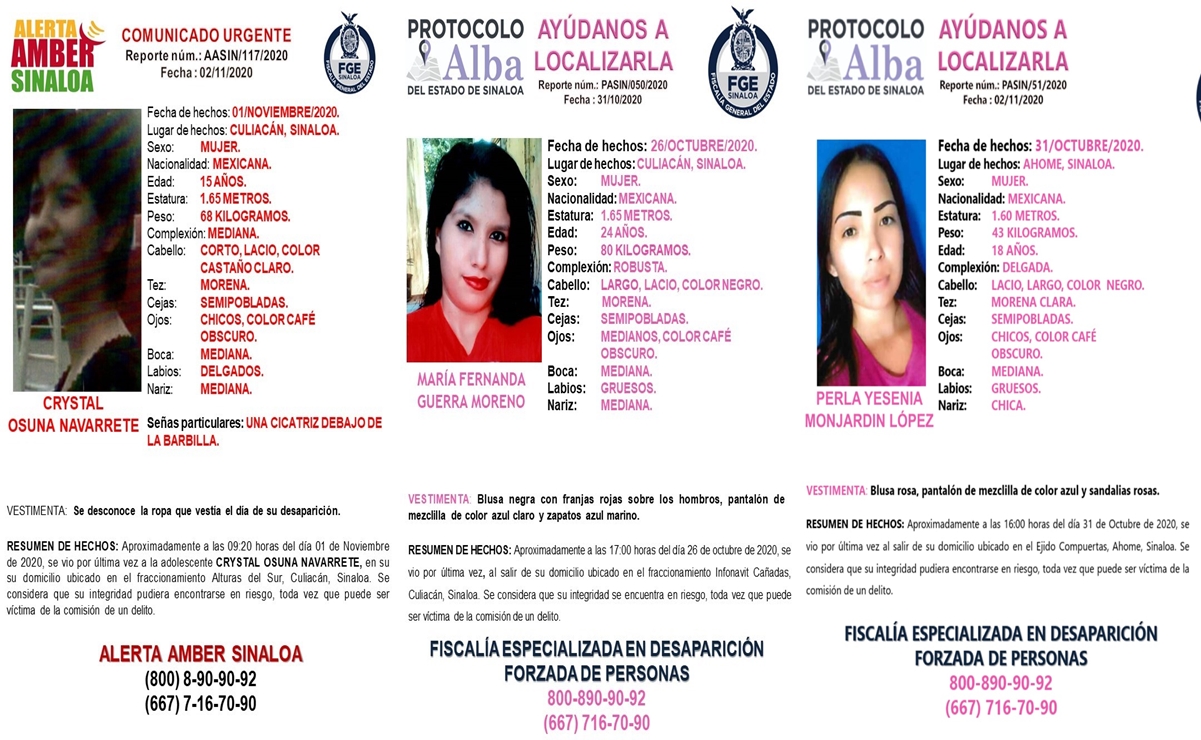 Emiten alertas por la desaparición de tres mujeres en Sinaloa, una de ellas es adolescente