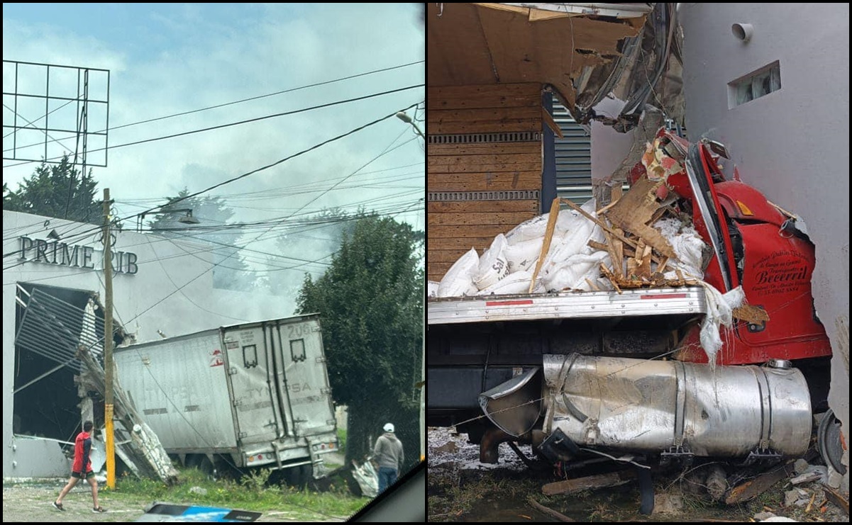 Camión de carga se queda sin frenos y se impacta contra un restaurante entre la México-Toluca