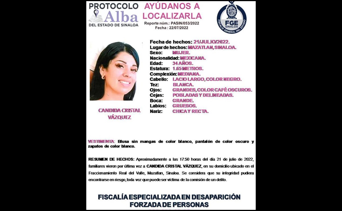 Continúa la búsqueda de Cándida Cristal, desaparecida en Sinaloa
