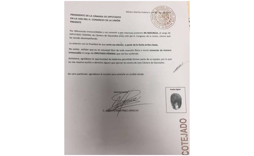 Martínez Urincho renuncia a diputación federal 