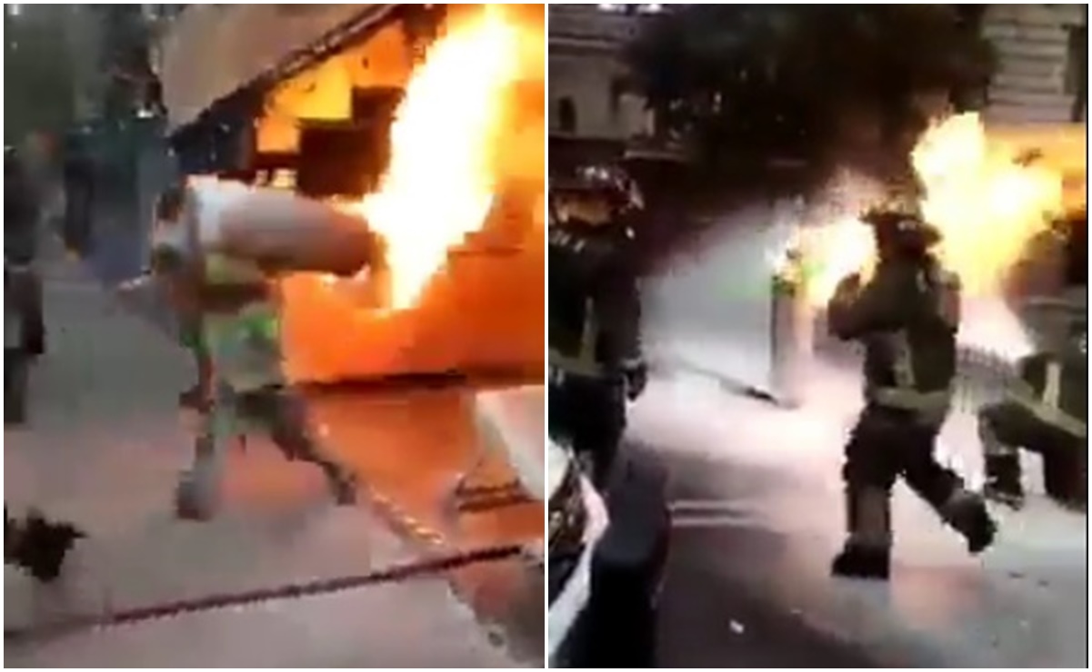 Bombero de CDMX carga tanque de gas en llamas para evitar explosión en restaurante de la Del Valle 
