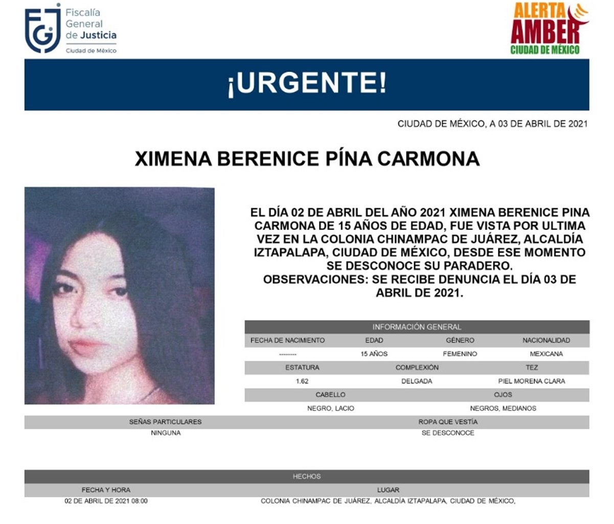 Buscan a Ximena Berenice, de 15 años, desaparecida en Iztapalapa 