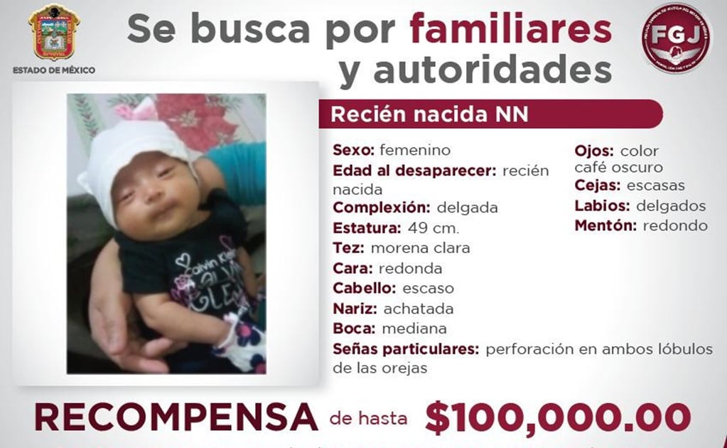 Ofrecen 100 mil pesos de recompensa por bebé robada en Naucalpan