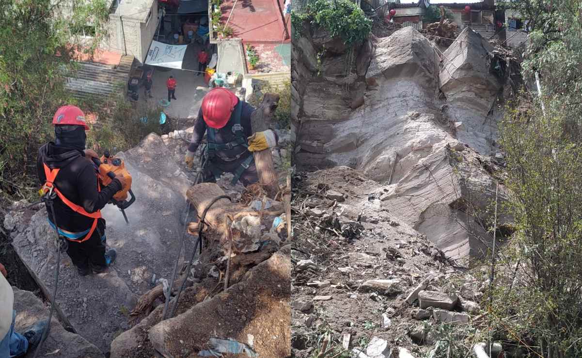 Especialistas trabajan para evitar que dos rocas gigantes caigan sobre casas en colonia de Tenayuca