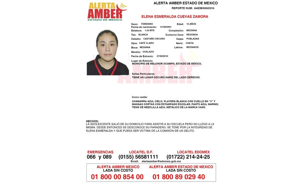Activan Alerta Amber por desaparición de una menor en Edomex 
