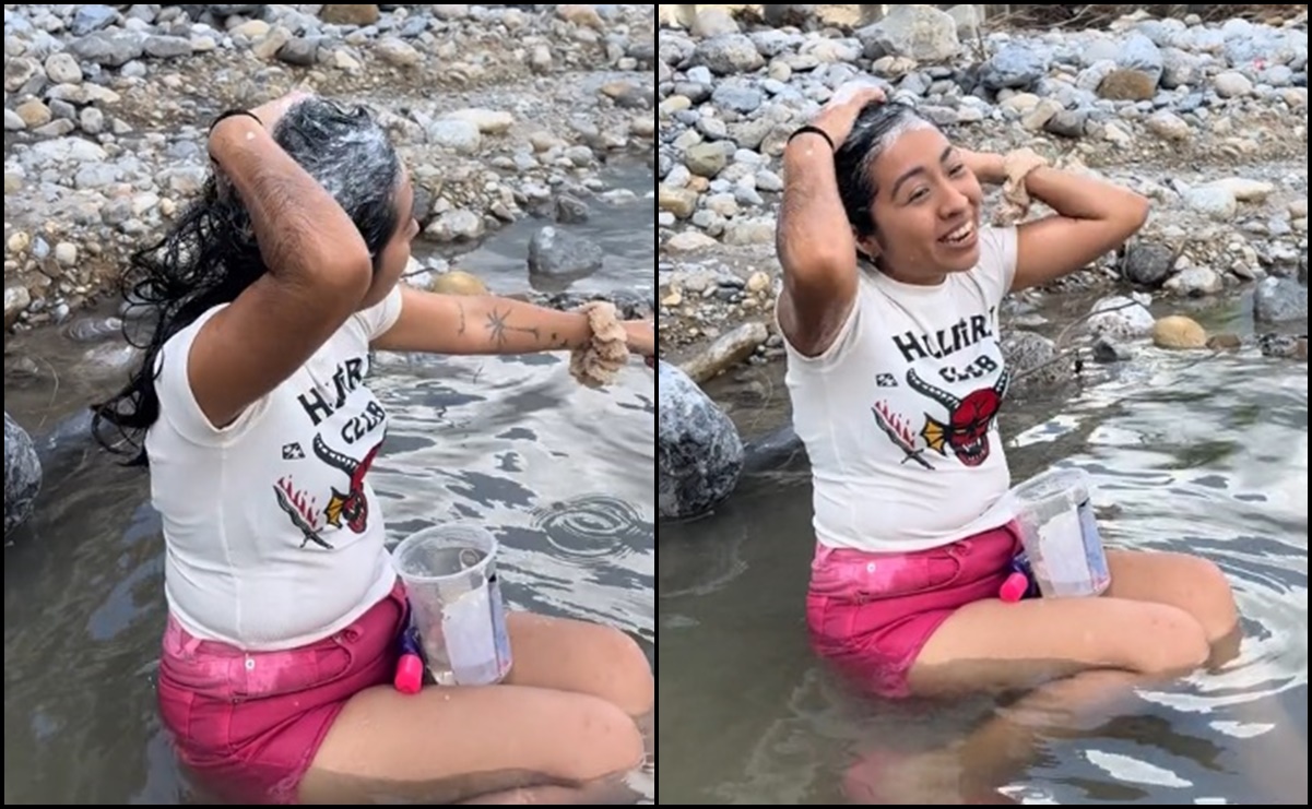 VIDEO: Por desabasto de agua, joven se baña “a la antigua” en río de Monterrey, Nuevo León