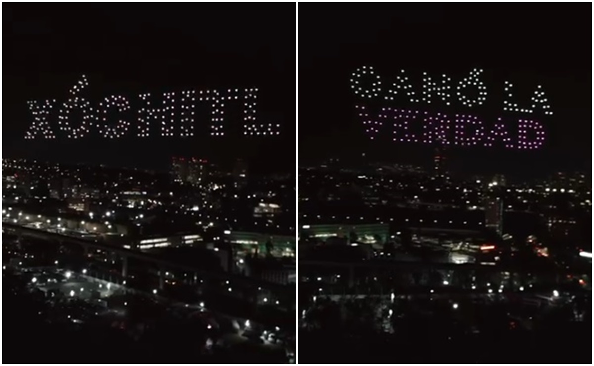 Drones iluminan el cielo en Santa Fe con frases y figuras alusivas a Xóchitl Gálvez 