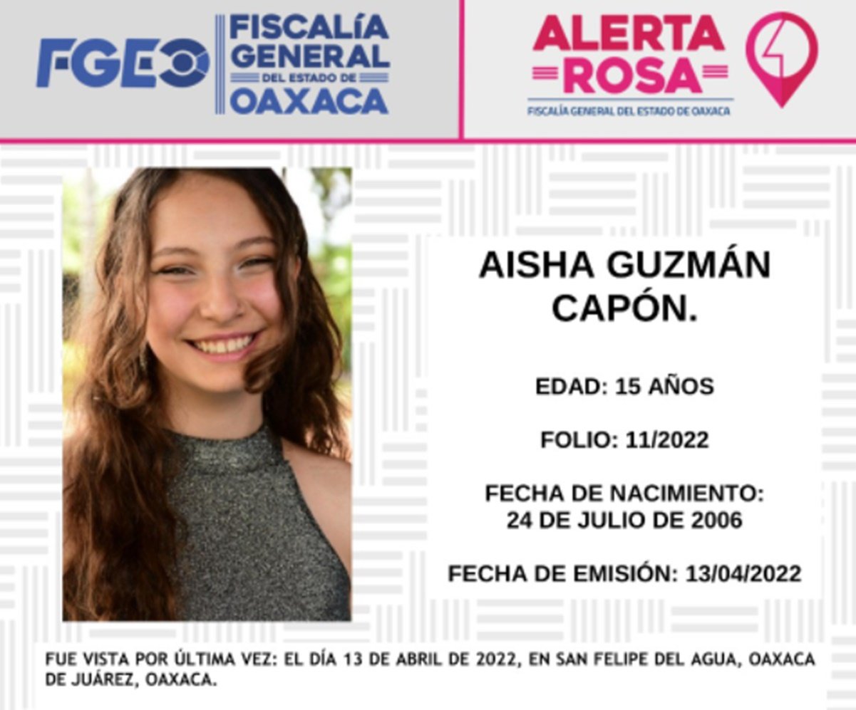 Lanzan Alerta Rosa por Aisha Guzmán Capón, estudiante del CEDART en Oaxaca