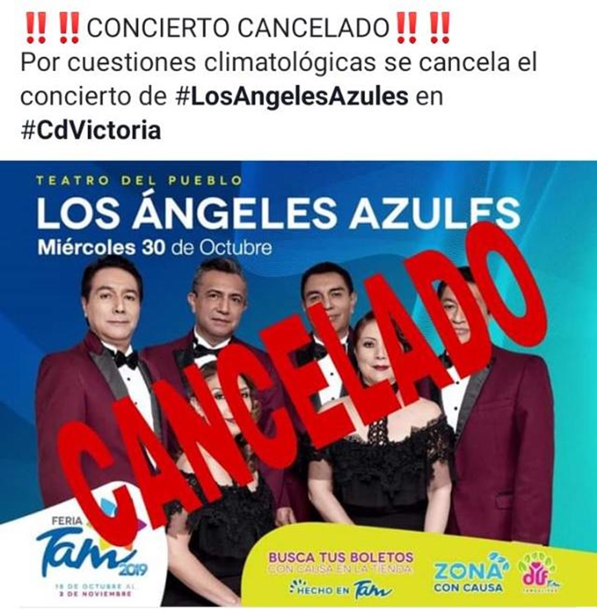 Por tormenta eléctrica cancelan concierto de Los Ángeles Azules en Tamaulipas