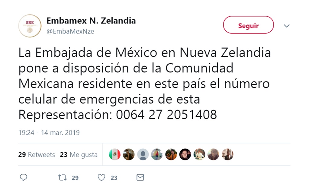 México se solidariza con Nueva Zelanda; embajada activa números de emergencia