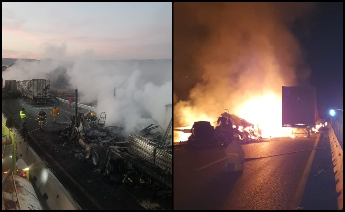 Chocan y se queman 7 tracto camiones en autopista en Saltillo; hay un muerto