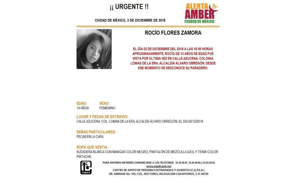 Activan Alerta Amber para localizar a Rocío Flores Zamora en Álvaro Obregón