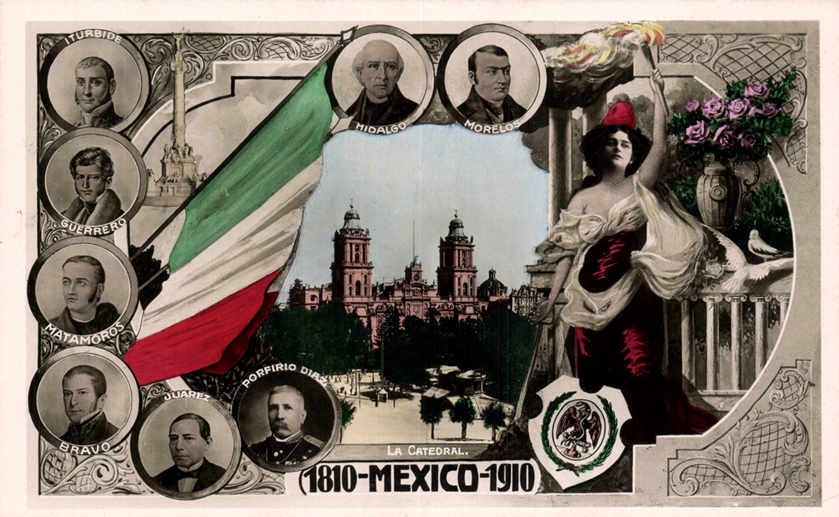 Una interesante y colorida postal con una bandera ondeante, los Héroes de la Independencia, y la imagen de la Catedral Metropolitana, despertaba el patriotismo del público nacional y extranjero que visitó México durante 1910. Col. Carlos Villasana.