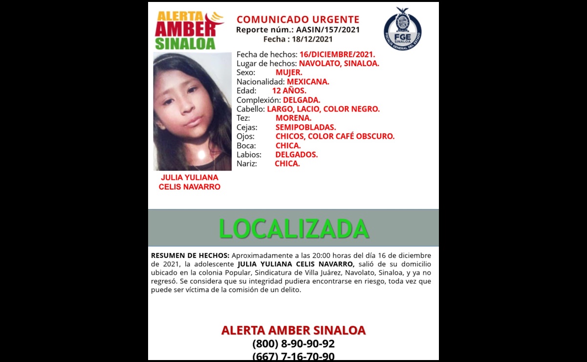 Localizan a Julia Yuliana, adolescente de 12 años desaparecida en Sinaloa