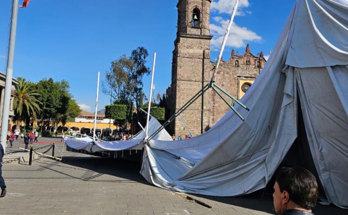 Intensas ráfagas de viento derriban carpas frente al palacio municipal de Tlalnepantla; hay 3 heridos