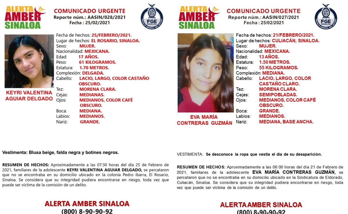 Activan Alerta Amber para localizar a Eva María y Keyri Valentina; desaparecieron en Sinaloa