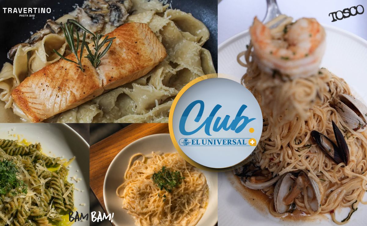 Este Día de la pasta 2026 aprovecha los descuentos que Club EL UNIVERSAL te brinda en Tosco, Bam Bam y Travertino Pasta Bar.  |  Imagen: Canva con fotografías de Instagram: @toscoooooooo, @bambam.restaurante, @travertinomx