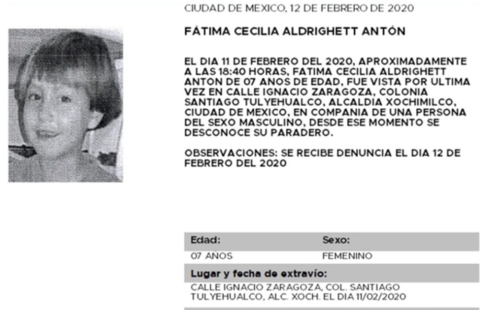 Activan Alerta Amber para localizar a Fátima Cecilia Aldrighett ; desapareció en Xochimilco
