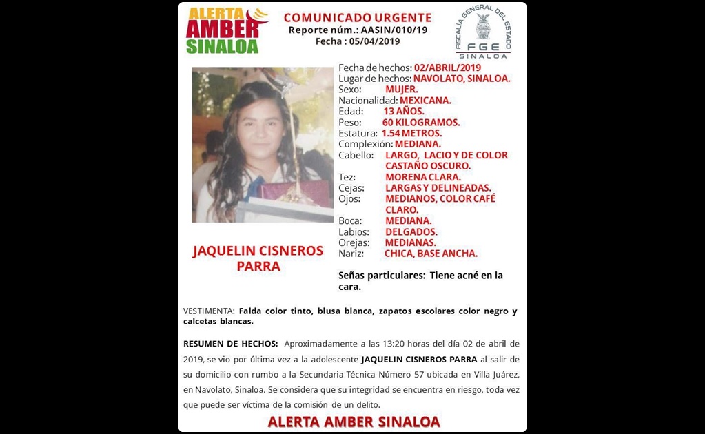 Activan Alerta Amber para localizar a Jaquelín Cisneros en Sinaloa