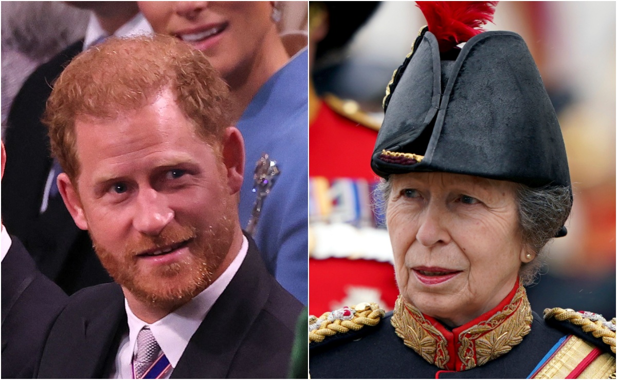 La princesa Ana tapa con su sombrero al príncipe Harry durante la coronación de Carlos III