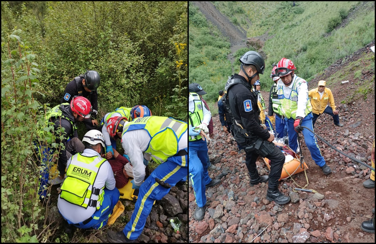 Hombre cae al fondo del volcán Xitle en Tlalpan y el ERUM lo rescata