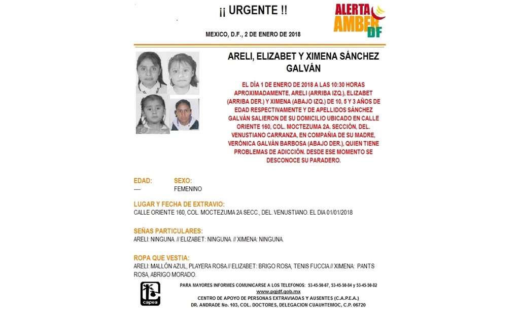 Activan Alerta Amber por tres hermanas desaparecidas en V. Carranza