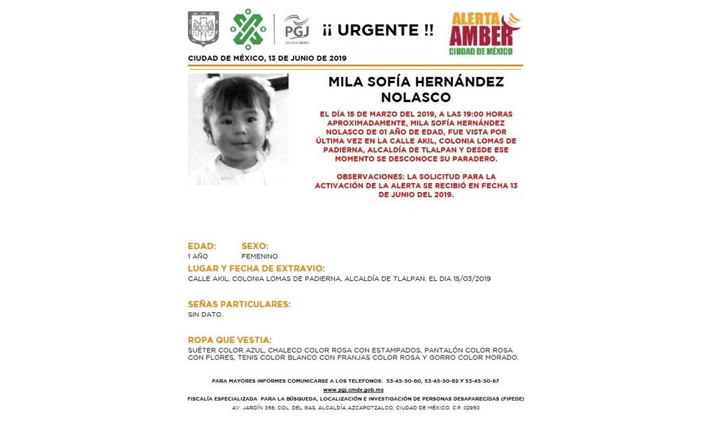 Activan Alerta Amber para localizar a Mila Sofía Hernández Nolasco