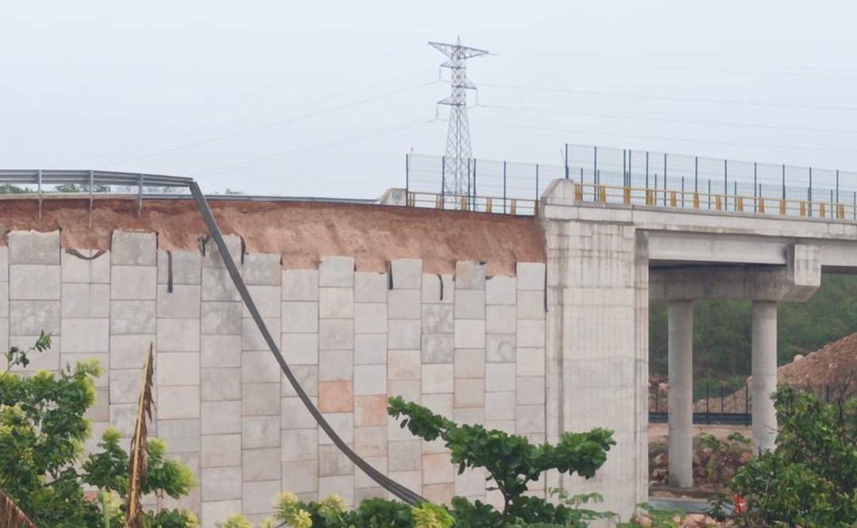 Cae recubrimiento de puente que cruza el Tren Maya en Maxcanú, Yucatán