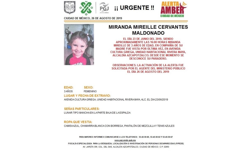 Activan Alerta Amber para localizar a Miranda Mireille en Azcapotzalco