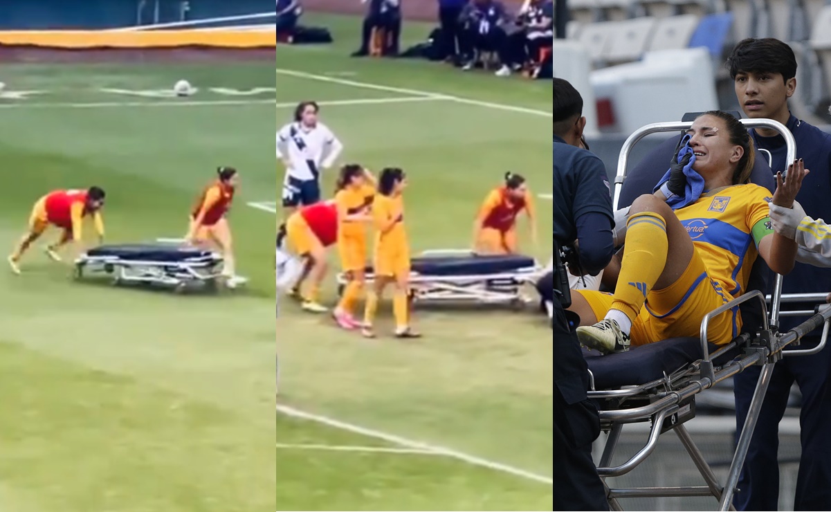 ¿Y el carrito? Jugadoras de Tigres tuvieron que llevar la camilla para atender a Nayeli Rangel