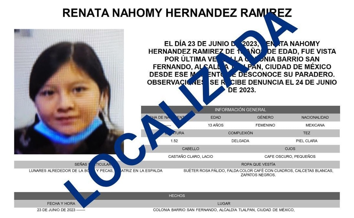 Localizan a Renata Nahomi, menor desaparecida después de que salió de su escuela en Tlalpan