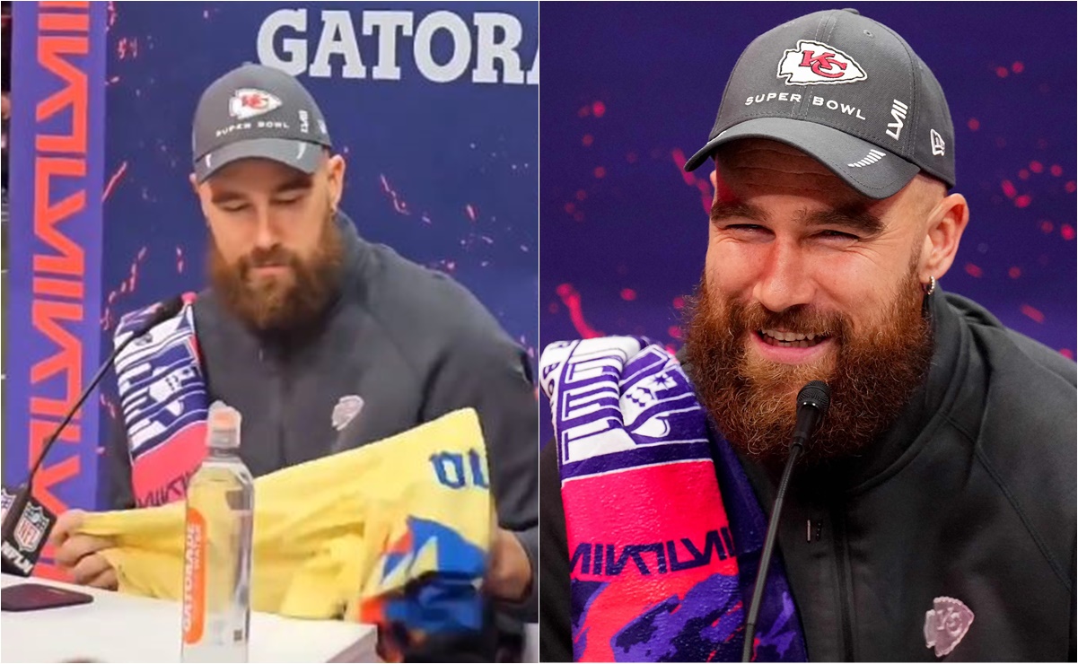 Travis Kelce mostró su alegría por el título del América, en plena conferencia previo al Super Bowl